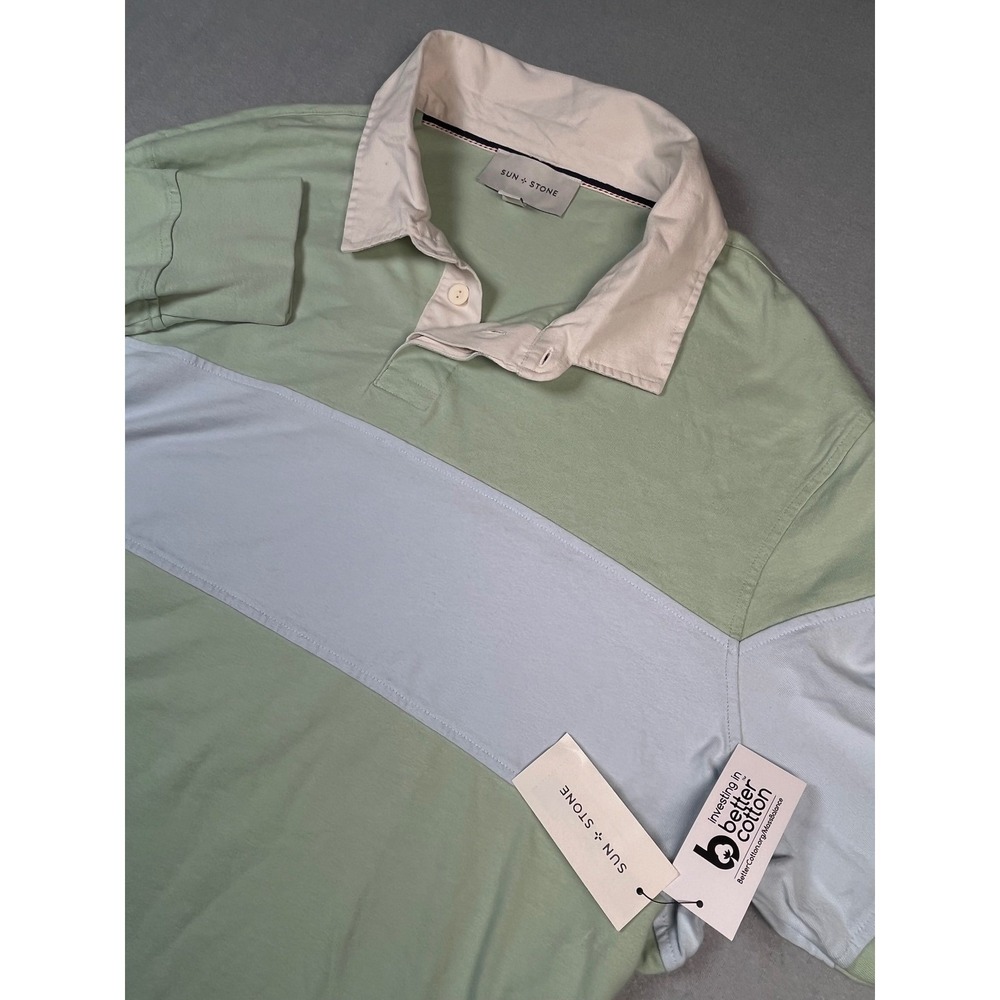 SUN + STONE Mens Rugby Shirt XL Green Blue‎ Color Block Long Sleeve Cotton